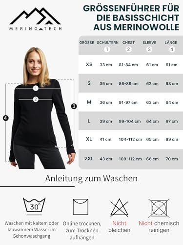 Merino.tech 100% Merino Langarmshirt Damen – Vielseitig für Alltag, Sport & Outdoor, OEKO-TEX STANDARD 100