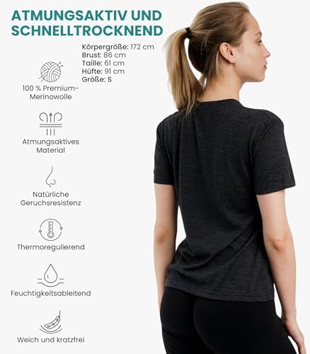 Merino.tech Damen T-Shirt aus 100% Merinowolle – Ideal für Sport und Wandern + OEKO-TEX Socken