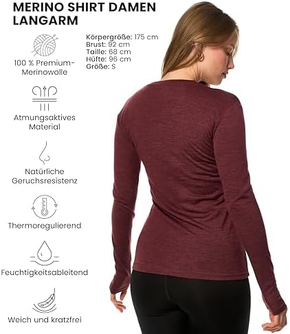 Merino.tech 100% Merino Langarmshirt Damen – Vielseitig für Alltag, Sport & Outdoor, OEKO-TEX STANDARD 100