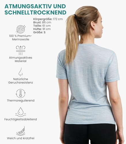 Merino.tech Damen T-Shirt aus 100% Merinowolle – Ideal für Sport und Wandern + OEKO-TEX Socken