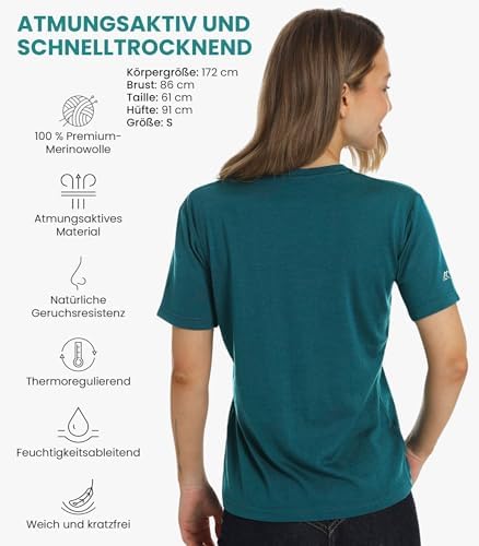 Merino.tech Damen T-Shirt aus 100% Merinowolle – Ideal für Sport und Wandern + OEKO-TEX Socken