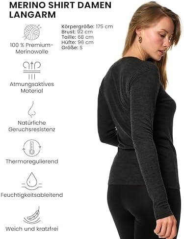 Merino.tech 100% Merino Langarmshirt Damen – Vielseitig für Alltag, Sport & Outdoor, OEKO-TEX STANDARD 100