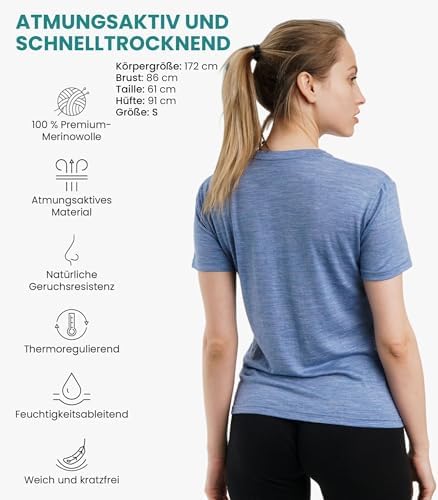 Merino.tech Damen T-Shirt aus 100% Merinowolle – Ideal für Sport und Wandern + OEKO-TEX Socken