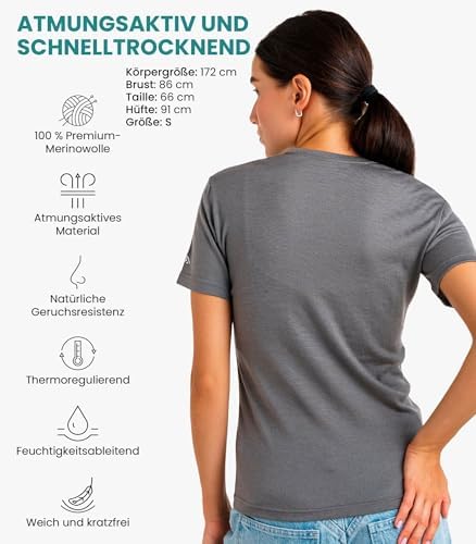 Merino.tech Damen T-Shirt aus 100% Merinowolle – Ideal für Sport und Wandern + OEKO-TEX Socken