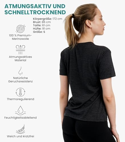 Merino.tech Damen T-Shirt aus 100% Merinowolle – Ideal für Sport und Wandern + OEKO-TEX Socken