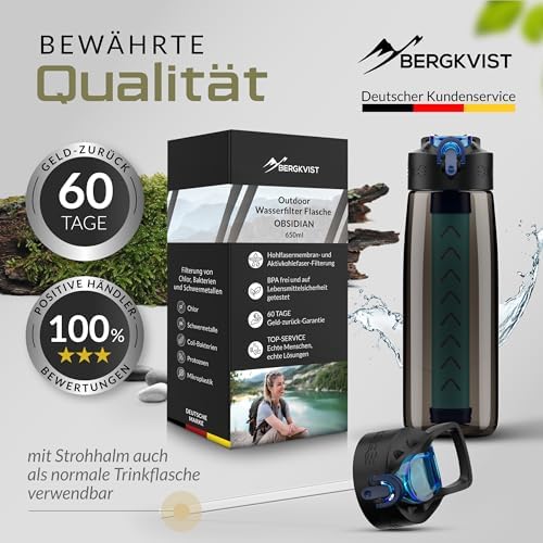 BERGKVIST® Outdoor Wasserfilterflasche OBSIDIAN 650ml mit Kompass - Ideal für Camping & Survival, sicheres Trinkwasser g
