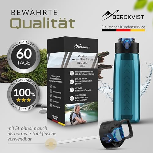 BERGKVIST® Outdoor Wasserfilterflasche OBSIDIAN 650ml mit Kompass - Ideal für Camping & Survival, sicheres Trinkwasser g