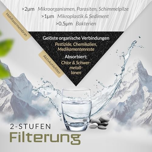 BERGKVIST® Outdoor Wasserfilterflasche OBSIDIAN 650ml mit Kompass - Ideal für Camping & Survival, sicheres Trinkwasser g