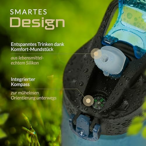 BERGKVIST® Outdoor Wasserfilterflasche OBSIDIAN 650ml mit Kompass - Ideal für Camping & Survival, sicheres Trinkwasser g