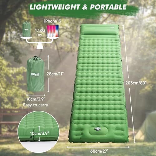 HiiPeak Isomatte hoch - Aufblasbare Campingluftmatratze mit Kopfkissen für Outdoor-Abenteuer, platzsparend und einfach m