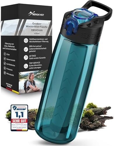 BERGKVIST® Outdoor Wasserfilterflasche OBSIDIAN 650ml mit Kompass - Ideal für Camping & Survival, sicheres Trinkwasser g