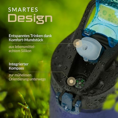 BERGKVIST® Outdoor Wasserfilterflasche OBSIDIAN 650ml mit Kompass - Ideal für Camping & Survival, sicheres Trinkwasser g