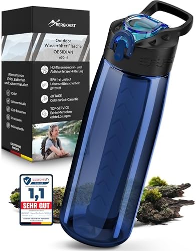 BERGKVIST® Outdoor Wasserfilterflasche OBSIDIAN 650ml mit Kompass - Ideal für Camping & Survival, sicheres Trinkwasser g