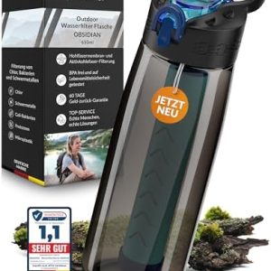 BERGKVIST® Outdoor Wasserfilterflasche OBSIDIAN 650ml mit Kompass - Ideal für Camping & Survival, sicheres Trinkwasser g