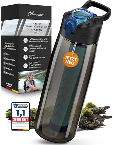 BERGKVIST® Outdoor Wasserfilterflasche OBSIDIAN 650ml mit Kompass - Ideal für Camping & Survival, sicheres Trinkwasser g