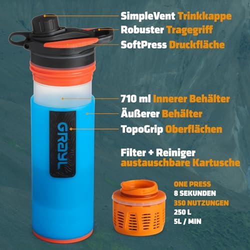 GRAYL GeoPress 710ml Wasserfilter für Outdoor-Abenteuer | 99,99% Bakterien- und Viruselimination | Ideal zum Camping und