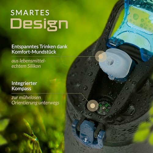 BERGKVIST® Outdoor Wasserfilterflasche OBSIDIAN 650ml mit Kompass - Ideal für Camping & Survival, sicheres Trinkwasser g