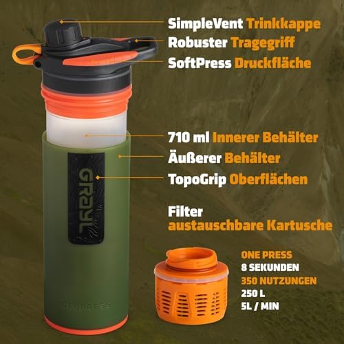 GRAYL GeoPress 710ml Wasserfilter für Outdoor-Abenteuer | 99,99% Bakterien- und Viruselimination | Ideal zum Camping und