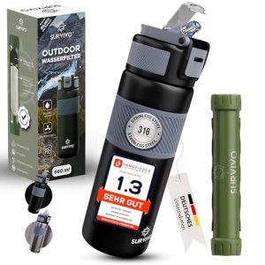 SURVIVO® Edelstahl Wasserfilter Trinkflasche – ideal für Camping, Wandern & Reisen, 4000l Filterkapazität, sichere Outd