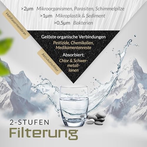 BERGKVIST® Outdoor Wasserfilterflasche OBSIDIAN 650ml mit Kompass - Ideal für Camping & Survival, sicheres Trinkwasser g