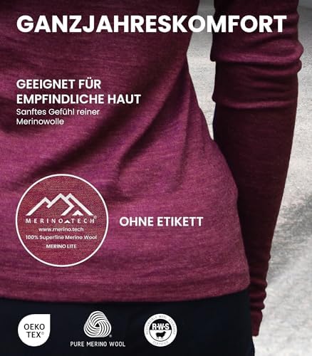 Merino.tech 100% Merino Langarmshirt Damen – Vielseitig für Alltag, Sport & Outdoor, OEKO-TEX STANDARD 100