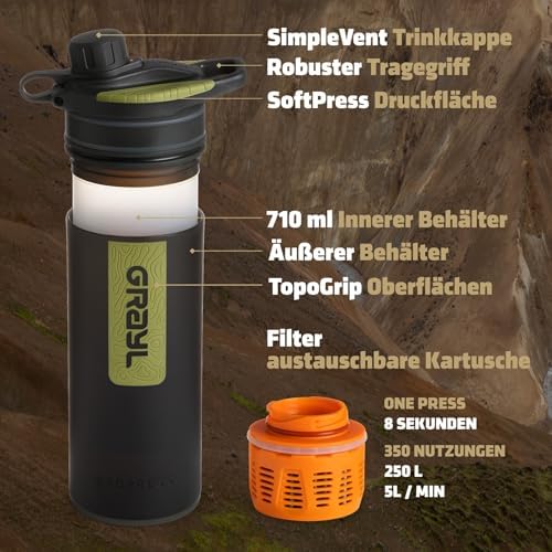 GRAYL GeoPress 710ml Wasserfilter für Outdoor-Abenteuer | 99,99% Bakterien- und Viruselimination | Ideal zum Camping und