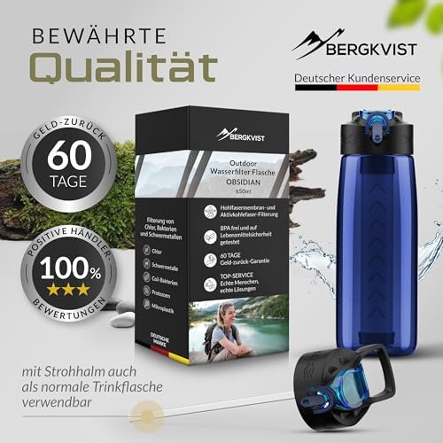 BERGKVIST® Outdoor Wasserfilterflasche OBSIDIAN 650ml mit Kompass - Ideal für Camping & Survival, sicheres Trinkwasser g