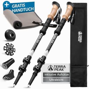Terra Peak® Premium Wanderstöcke – ultra-leichte, teleskopierbare Trekkingstöcke für Damen & Herren inkl. Mikrofaser-Han